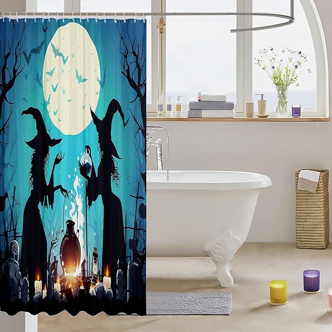 Feelyou Halloween Shower Curtain Kids Witch Bathroom Shower Curtain Set for Teens Orange Pumpkin Lantern Printt Bath Curtain Waterproof Mystery Graveyard Branches Kids Bathroom Accessories 72"x84"