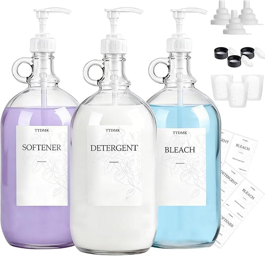 3 Pcs Glass Laundry Detergent Dispenser, Half Gallon Liquid Laundry Soap Dispenser for Laundry Room (64 oz. Each), Laundry Detergent Bottles with Pump Dispenser -Includes Labels, Funnel, Measuring Cup