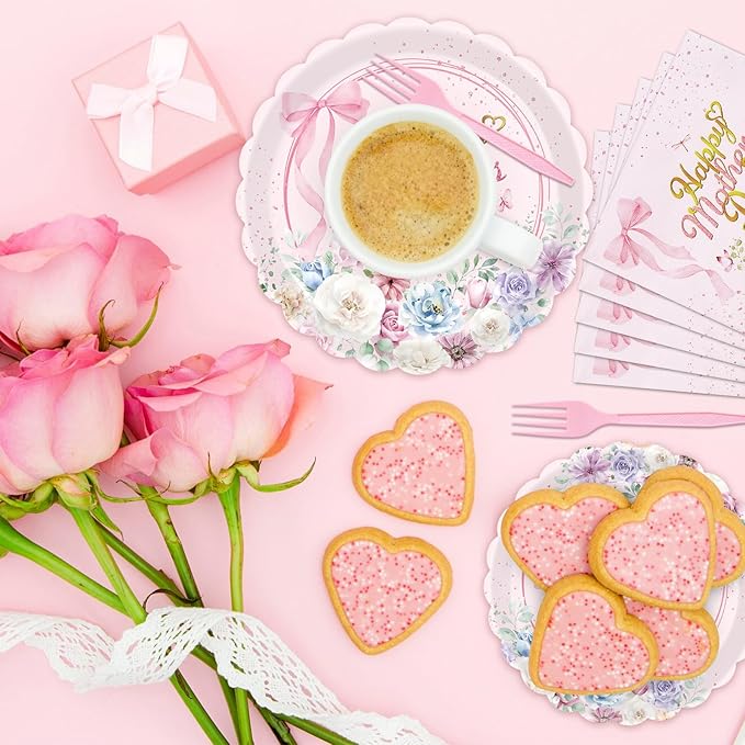 Gistome 96 Pieces Mother’s Day Floral Tableware Set – Pink Scalloped Disposable Plates, Napkins and Forks for Mother’s Day Party, Brunch, Tea Party, and Spring Celebrations – Serves 24 Guests