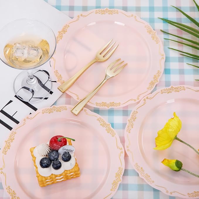 LIYH 100 Pcs Pink Gold Dessert Plates - 100 Pcs Gold Plastic Forks,Cake Plates Disposable with Forks,Appetizer Plates,Bridal Shower Party Plates for Birthday Wedding Party Mothers Day