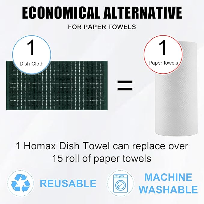 Homaxy 100% Cotton Terry Kitchen Towels(Blackish Green, 13 x 28 inches), Checkered Designed, Soft and Super Absorbent Dish Towels, 8 Pack