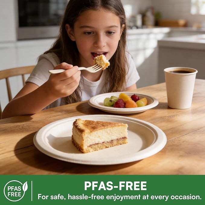 Compostable Plates 9&7 Inch with Cutlery，Heavy Duty Paper Plates 50 Pack, Disposable Dinnerware Sets Biodegradable Sugarcane Bagasse Dinner Plates for Everyday Use, Party, Family (Microwave Safe)