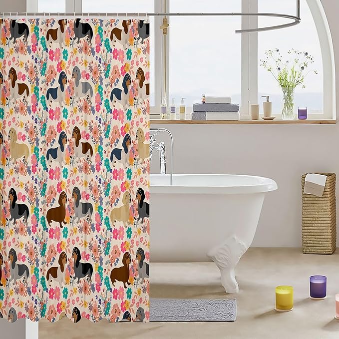 Dachshund Decor Shower Curtain Pink Floral Puppy Bath Curtain Dachshund Gifts for Women Girls,Lovely Pup Dog Flowers Shower Curtain Set Dog Lover 72"Wx78"L,Cute Pet Doggy Animal Bathroom Decor