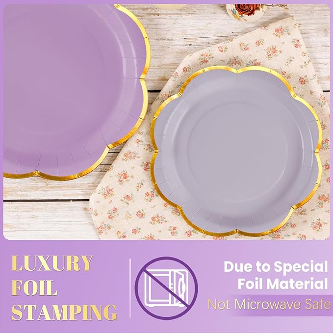 350Pcs Purple Paper Plates and Napkins Party Supplies,Purple Scalloped Party Plates with Gold Rim,Lavender Party Plates and Cups and Napkins Sets for Garden Baby Shower Wedding Birthday,Serves 50
