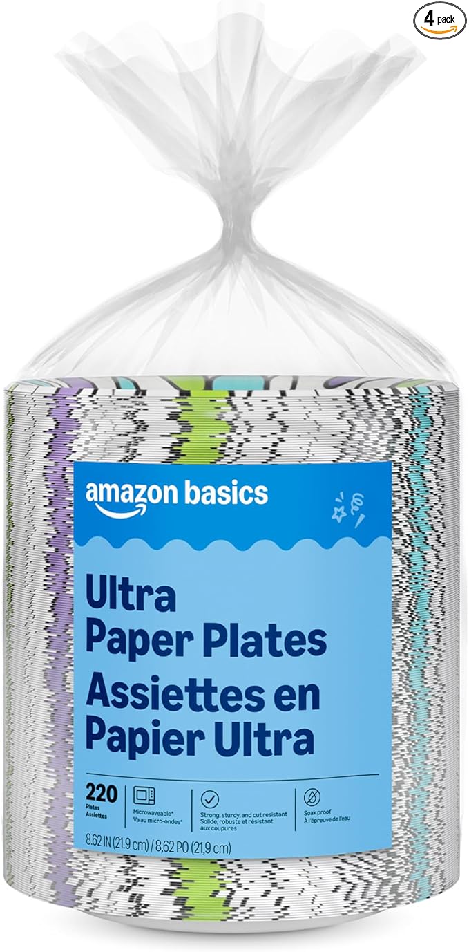 Amazon Basics Ultra Paper Plates, 8.62 Inch, Disposable, 880 Count (4 Pack of 220), Packaging May Vary