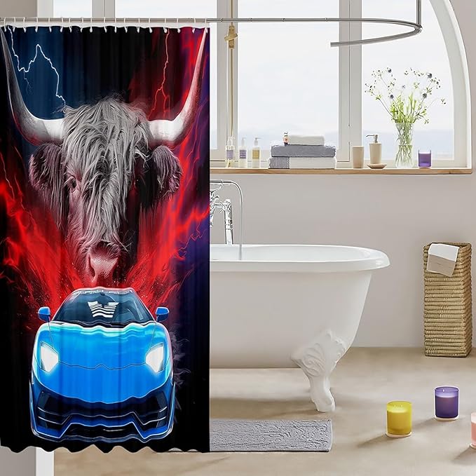 Racing Car Shower Curtain 72"Wx84"L Highland Cow Bathtubs Shower Curtain Set,Longhorn Bull Cattle Vehicles Bath Curtain Cool Red Blue Lightning Bathroom Accessories,Boys Kids Car Themed Toilet Decor