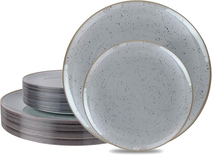 Liacere 32PCS Grey Plastic Plates - Grey Stone Plastic Disposable Tableware Plates Modern Dinnerware Set - Wedding & Warm Winter & Party