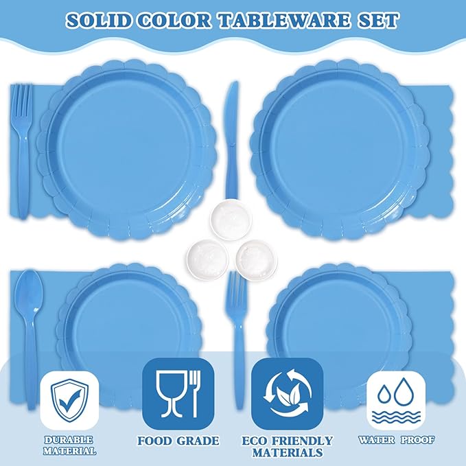 Vyntra 350 Pcs Blue Disposable Paper Plates and Napkins Set for 50, 9" Dinner Plates & 7" Dessert Plates, Tableware for Baby Shower, Birthday, Picnic, Party