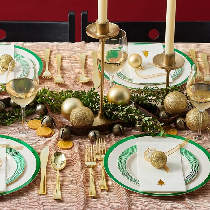 By Madee HEAVYWEIGHT 175 Pc Ivory Plates with GreenTrim | Disposable Dinnerware Set for 25 Guests