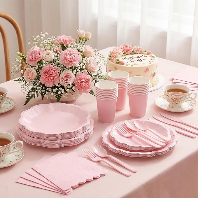 NatNarr 350 Pcs Pink Paper Plates and Napkins Set Include 9" Dinner Plates, 7" Dessert Plate Disposable Scalloped Tableware Serve 50 Guest for Wedding Baby Bridal Shower Birthday