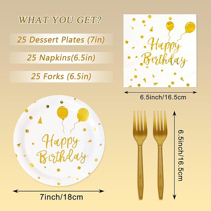 75 Pcs Happy Birthday Paper Plates,Serves 25 Guests White Gold Plates and Napkins with Gold Forks,Disposable Paper Tableware Set for Birthday Party Decorations
