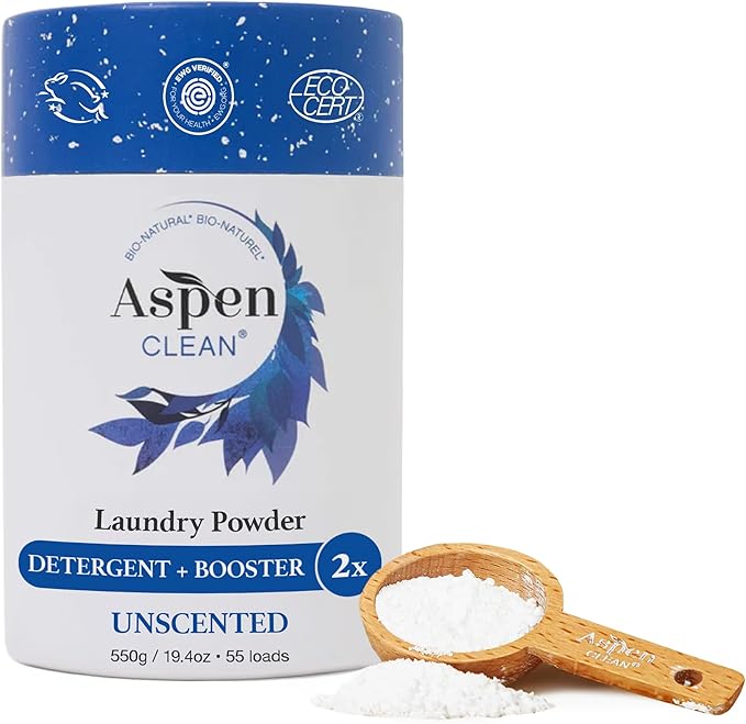 AspenClean Laundry Powder + Booster 2-in-1 Unscented 55 Loads Hyper Concentrated Stain & Odor Removal Enzyme Booster Non-Toxic 100% Natural EWG Verified