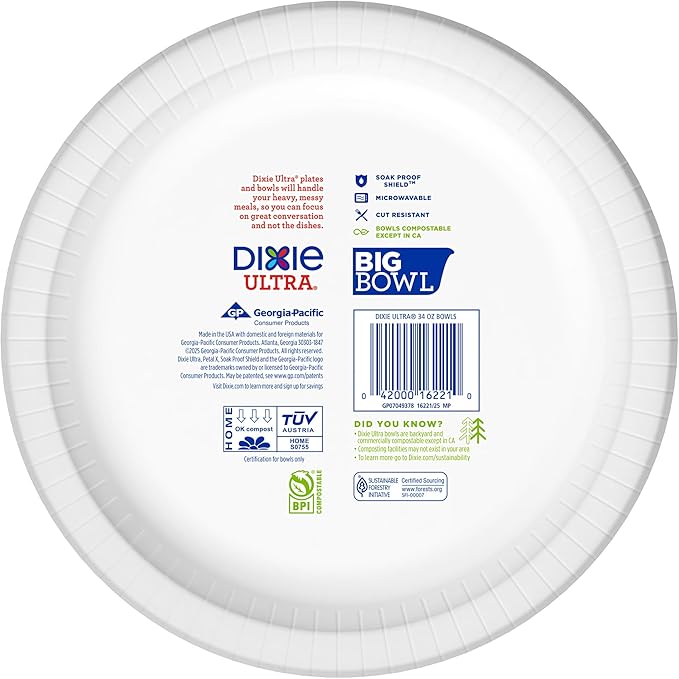 Dixie Ultra Extra Large Paper Bowls, 34 oz, 34 Count, Compostable, Microwave Safe, Disposable Bowls for Heavy Meals, Soups, Stews, and Everyday Use