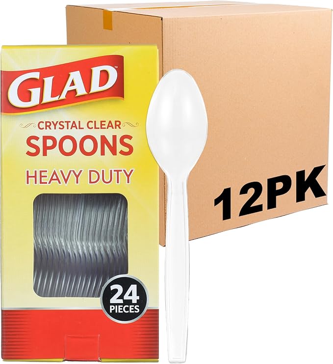 Glad Clear Plastic Spoons, Sturdy Disposable Plastic Cutlery for Parties, Events, Outdoor Meals, and Everyday Use, Clear Neutral Design Fits Any Table Setting, 24 Count - 12 Pack