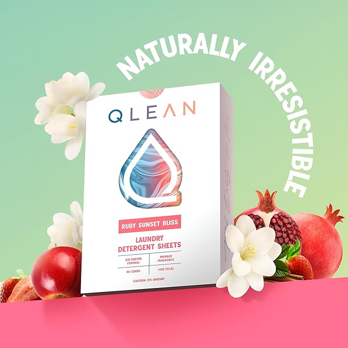 QLEAN Laundry Detergent Sheets Ruby Sunset Bliss (40 Loads) – Travel-Size Plant-Based Biodegradable Laundry Sheets, Hypoallergenic, HE Compatible, Eco-Friendly Detergent Strips