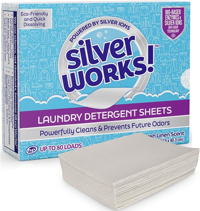 SilverWorks! Premium Dissolvable Laundry Detergent Sheets, Silver Ion Odor Elimination Technology, Powerfully Clean & Prevent Odors, Dissolves Fully, 40 Sheets, Fresh Linen