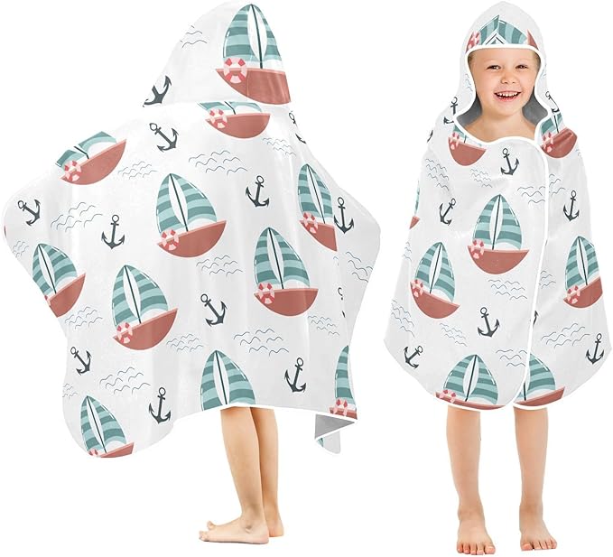 susiyo Kids Hooded Bath Towel Cute Boat Anchor Beach Towel for Kids 23.5 x 50 Inch Microfiber Soft Absorbent Quick Dry Bath Swim Pool Towel Wrap Poncho Bathrobe with Hood for Kids Toddler