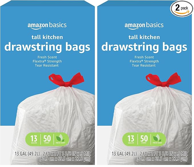 Amazon Basics Flextra Strength Tall Kitchen Drawstring Trash Bags,Fresh Scent,Tear Resistant,13 Gallon,50 Count (Pack of 2)