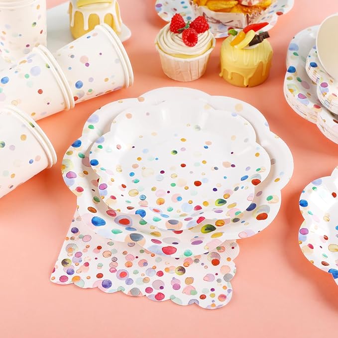 Colorful Birthday Plates and Napkins 200PCS Confetti Happy Birthday Party Plates Set Disposable Tableware Serve 50 for Art Paint Party Supplies Bubble Decorations-Colorful Paper Plates