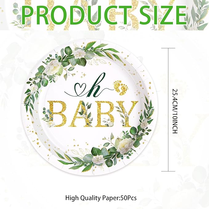 50Pcs Sage Green Baby Shower Round Plates 10'' Large Heavy Duty Disposable Green Eucalyptus Leaves Paper Plates Greenery Neutral Dessert Platters for Boys Girls Birthday Party Supplies Table Decor