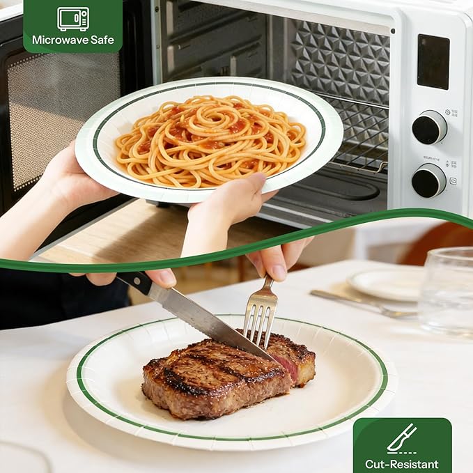 Disposable Paper Plates 10 Inch, 100PCS Paper Plates Bulk with Green Rims, Heavy Duty Paper Plates for Everyday Use, Picnic, BBQ, Microwave, Breakfast, Lunch & Dinner
