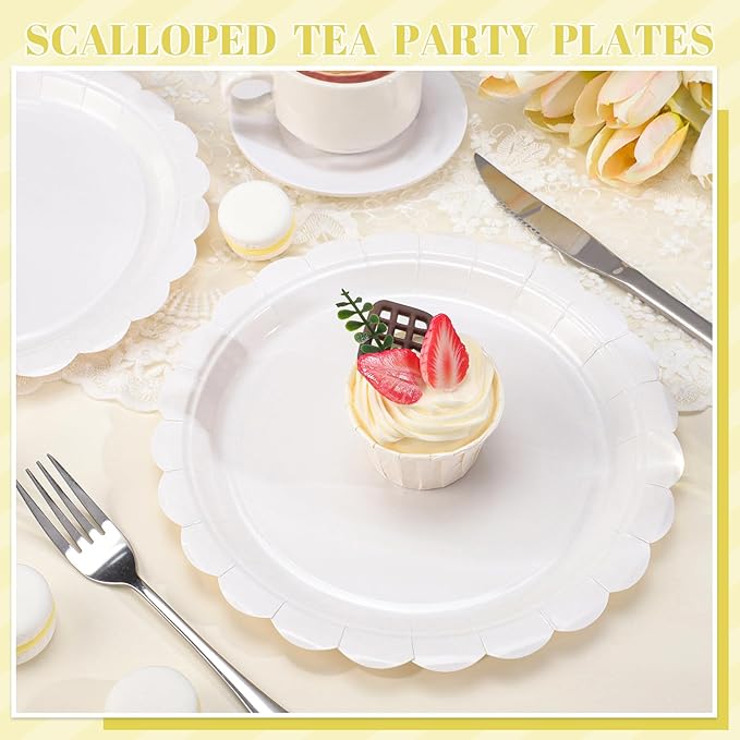 NatNarr 30 Pcs Dessert Plates Disposable, 7 Inch Scalloped White Plates Small Cake Birthday Plate for Wedding, Birthday, Bridal Shower