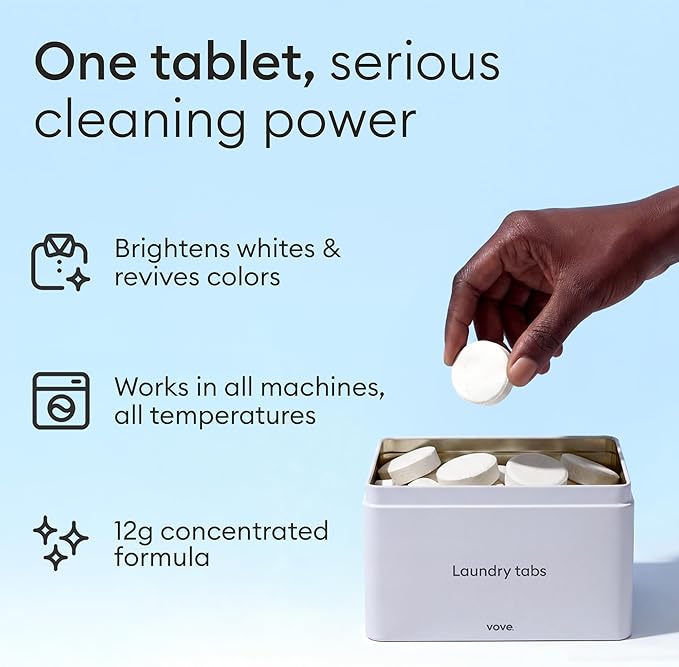 Vove Laundry Detergent Tablet Starter Set, 40 Loads with Reusable Storage Tin - Plastic-Free, PVA-Free, Zero Microplastics - Enzyme-Powered, Plant-Based, Fragrance-Free, Works in Cold Water