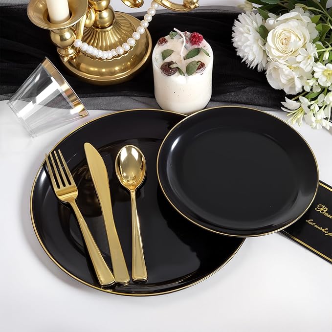 NOCCUR 350PCS Black and Gold Plastic Plates - Black Disposable Dinnerware Set for 50 Guests, 100 Dinner/Dessert Plates, 150 Gold Silverware, 50 Cups&50 Napkins for Party/Birthday/Graduation