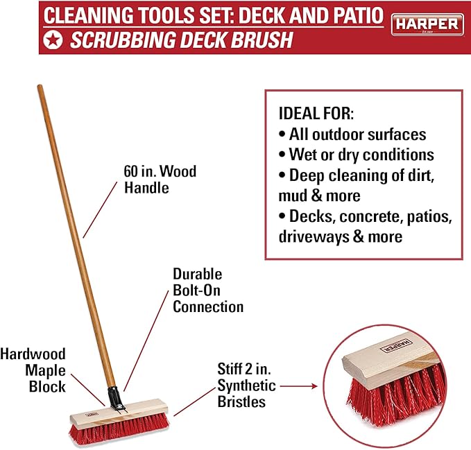 Harper 37518100 Deck/Patio Cleaning Set with 60 in. Handle Deck Brush, Heavy Duty Corn Broom, Scrubbing Brush and Long Reach Scrubbing Brush