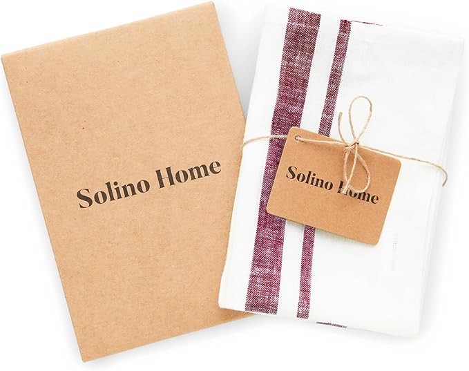 Solino Home Burgundy and White Linen Kitchen Towels Set of 2-100% Pure Linen 17 x 26 Inch French Stripe Tea Towels with Hanging Loop - European Flax Kitchen Dish Cloth- Quick Dry & Machine Washable