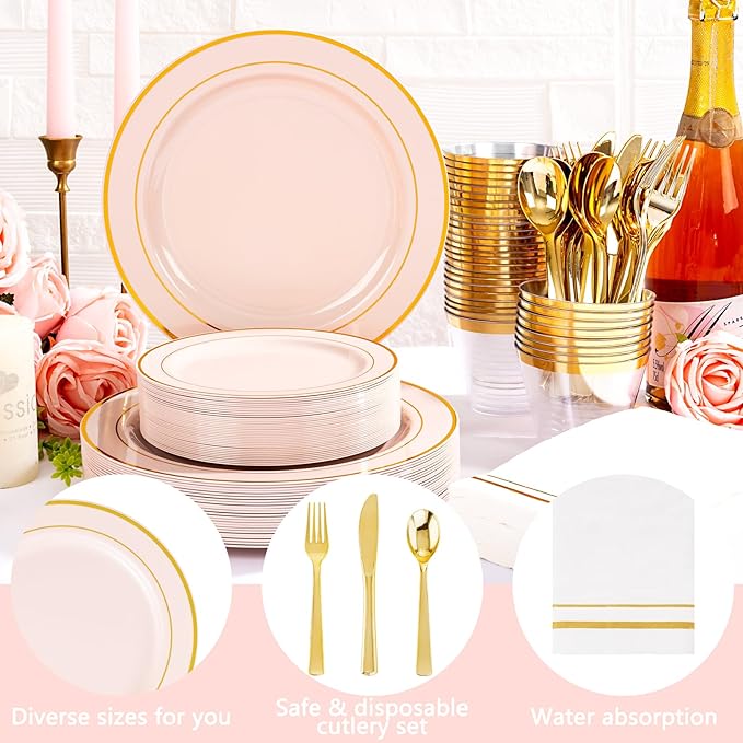 GATHER 700PCS Pink Plastic Plates - Gold Rim Disposable Plastic Dinnerware Set Include 200 Pink Plates, 300 Silverware, 100 Napkins, 100 Cups for Party & Wedding & Baby Shower