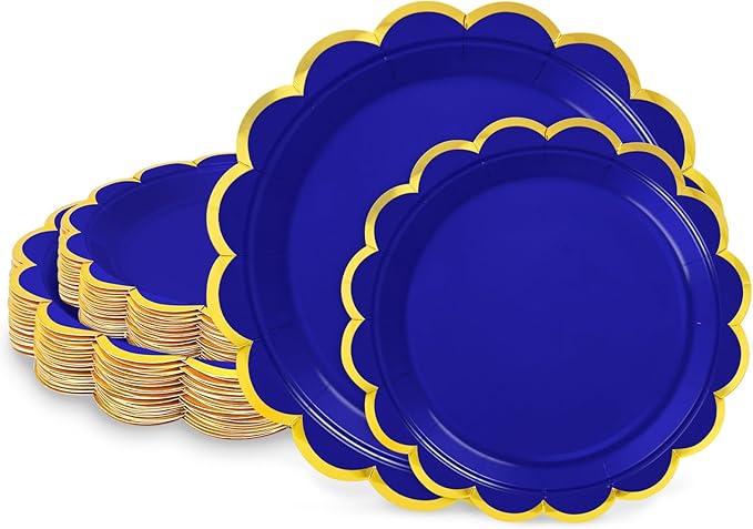 50 Pcs Royal Blue Paper Plates, 25 Pcs 9" and 25 Pcs 7" Disposable Royal Blue Scalloped Plates with Gold Foil for Graduation Wedding Baby Shower Birthday Party Picnic BBQ