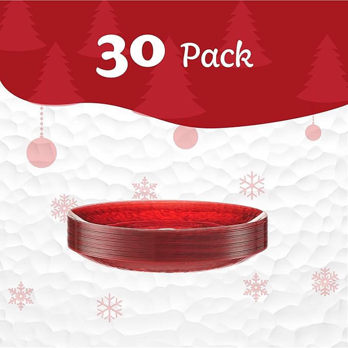 PLASTICPRO 30 Pack Hammered Plastic Plates Heavyweight Disposable Plastic Plates Elegant Red Platsic Party Dishes (Hammered Red Christmass, 9'' INCH PLATES)