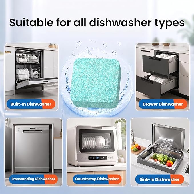 Dishwasher Cleaning Tablets -30 Pack Cleaner and Deodorizer -15 Month Suply for Hard Water Dish Washer Machine, Non Toxic Tabs for Dish, Septic Safe & Odor Remover, Lemon Scent