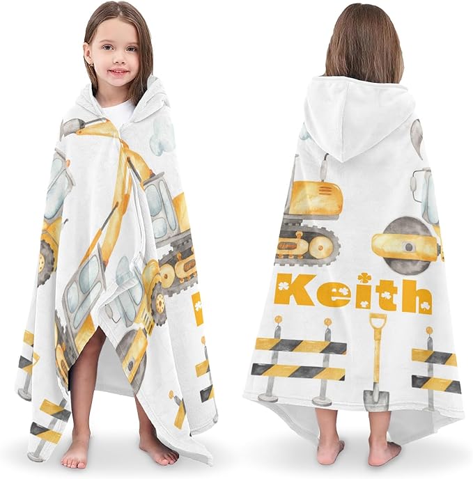 Hooded Bath Towels for Kids, Construction Bulldozer Excavator Personalized Towel for Swimming Robe | Bathing | Beach | Birthday Gifts