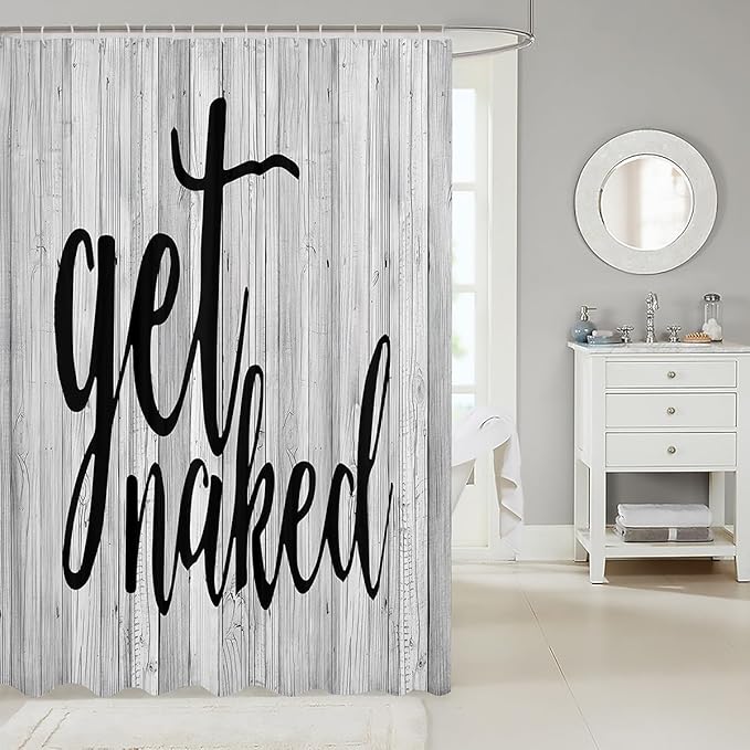 Get Naked Bathroom Curtains Funny Quotes Shower Curtain Black Creative Words Shower Curtain Set with Hooks for Men Women Couple Lover Grey Rustic Plank Wood Cloth Fabric Bathroom Decor 72x72 Inch