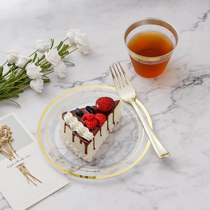 BESTVIP 150PCS Plastic Dinnerware Set (25 Guests), Clear Gold Disposable Plates for Party, Wedding, Christmas, Anniversary, Includes: Dinner Plates, Dessert Plates, Cups, Spoons, Forks and Knives