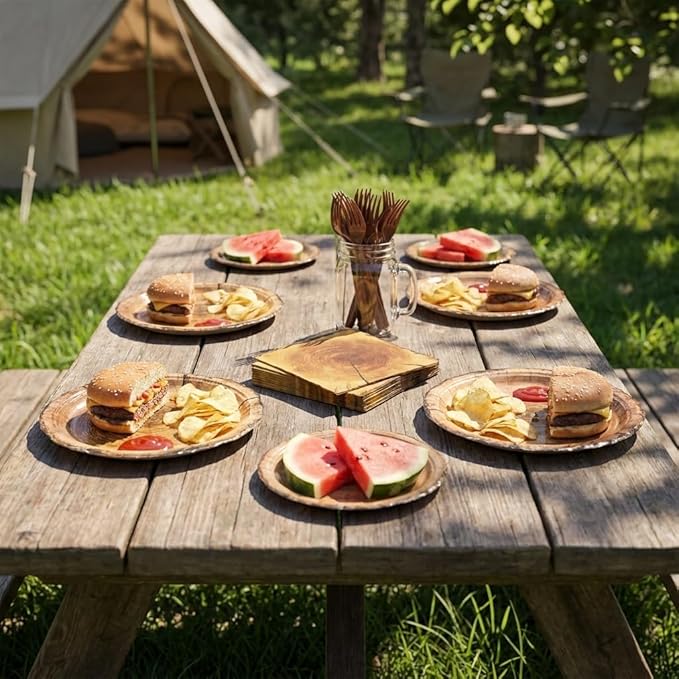 100 Pcs Rustic Wood Grain Slice Party Supplies for 25 Guests, Heavy-Duty 7" & 9" Paper Plates, 2-Ply 13" Napkins & Plastic Forks, Disposable Tableware Set for Camping Forest Woodland Party