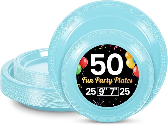 LANLISA 50 Pcs Light Blue Plastic Plates For Party, 25-9" & 25-7" Disposable Cake Dessert Plates For Birthday, Baby Shower, Easter Dinner