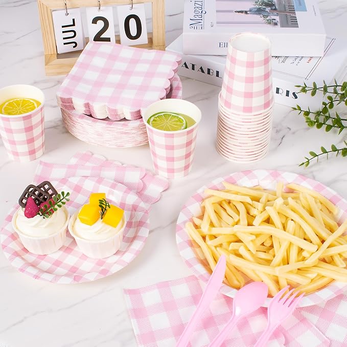 Vyntra 175 Pcs Pink & White Checkered Gingham Paper Plates and Napkins Set for 25, 9" Dinner Plates & 7" Dessert Plate, Baby Girl Shower Bridal Shower Birthday Party, Valentine’s Day