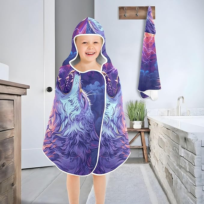 Hooded Towel for Kids Howling Wolf with Lightning in The Sky Beach Wrap Bath Towels 50x23.5in
