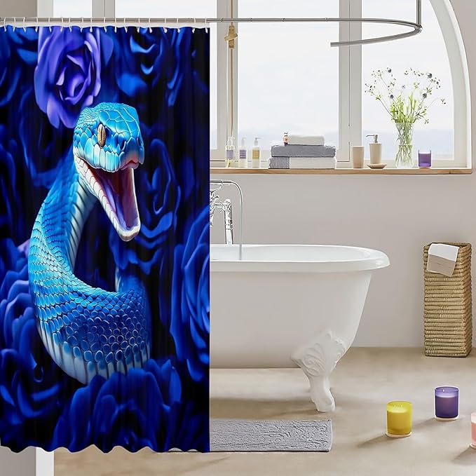 Snake Shower Curtain Set for Boys Girls,Blue Little Dragon Reptile Waterproof Shower Curtain Youth Man,Exotic Tribe Tropical Desert Wildlife Bath Curtain,Serpentine Bathroom Accessories 72" Wx84 L