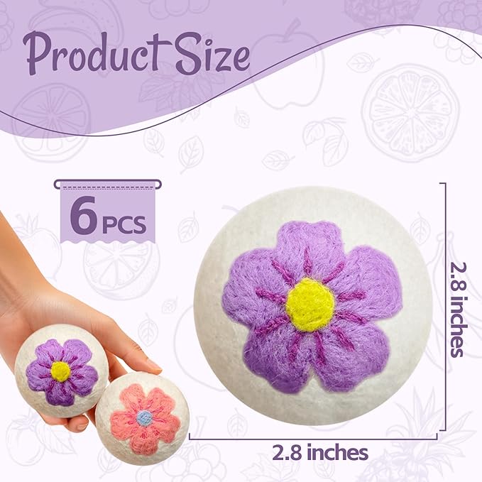 Wool Dryer Balls XL 6 Pack, Reusable Laundry Dryer Balls with Cute Floral Design, Reduce Drying Time, Soften Clothes, Anti Static, Eco Friendly Dryer Sheets Alternative