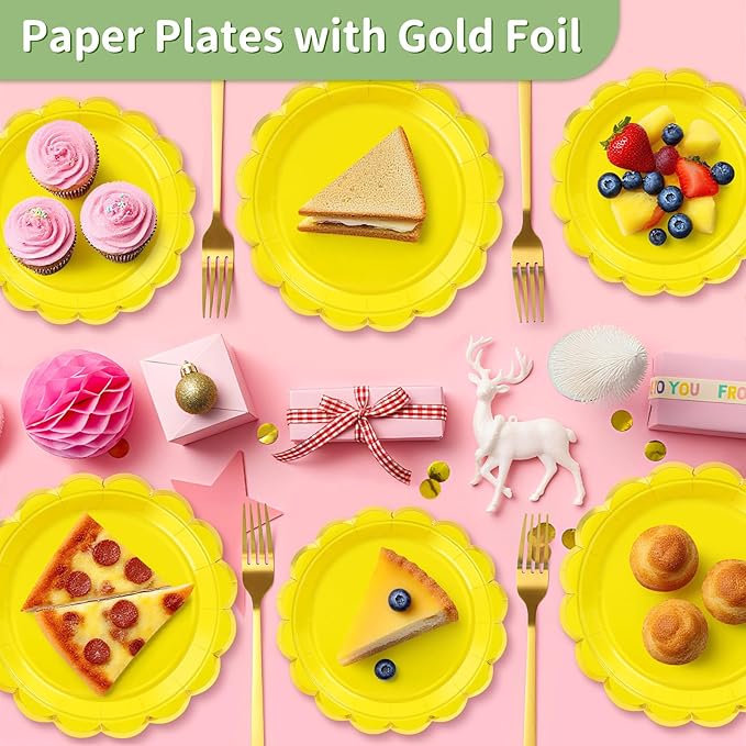 50 Pcs Yellow Paper Plates, 25 Pcs 9" and 25 Pcs 7" Disposable Yellow Scalloped Plates with Gold Foil for Graduation Wedding Baby Shower Birthday Party Picnic BBQ