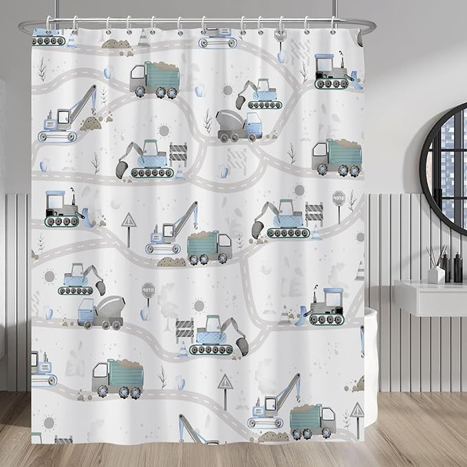 Excavator Kids Shower Curtain Sets Cartoon Construction Truck Tractor Car Bathroom Decor Fabric Polyester Waterproof 72x84 Inches with 12 Hooks for Boys Machinery Vehicle Bath Curtains