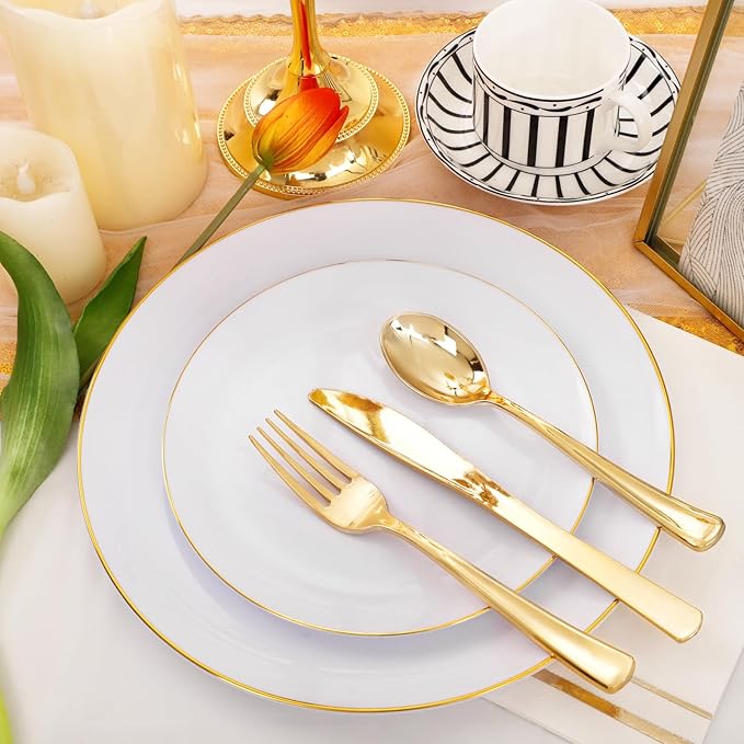 Festiva 176Pcs White and Gold Plastic Plates - White with Gold Rim Fall Dinnerware Set - 25Guest include Plates Cups Cutlery Napkins for Birthday Party&Wedding& Easter