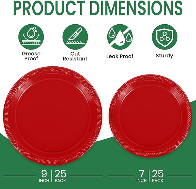 LANLISA 50 Pcs Red Plastic Plates For Party, 25-9" & 25-7" Disposable Cake Dessert Plates For Birthday, Valentines, Graduation, Mothers Day, 4th of July, Christmas Dinner