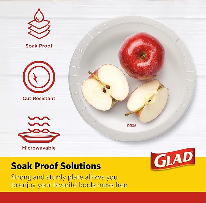 Glad Round Disposable White Paper Plates, Strong Soak-Proof Microwave-Safe Paper Dinner and Dessert Plates for Everyday Meals, Parties, Snacks and Serving, 8.5 Inch, 500 Count