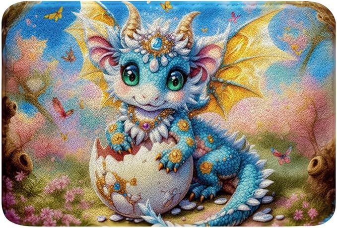 Cartoon Blue Dragon Kids Bath Mats,Western Animal Magical Tale Mats Rugs for Girls,Daisy Flowers Butterfly Rustic Natural Bath Carpets,Bright Bath Rugs,Absorbent Floor Mats,20Wx32L Inches