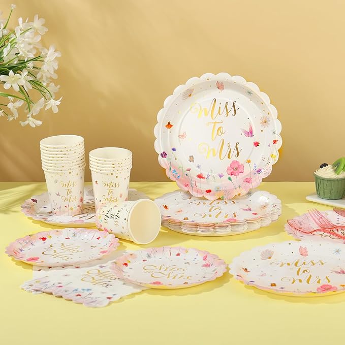 Wildflower Bridal Shower Decorations, Bridal Shower Plates and Napkins Sets 168Pcs, Miss to Mrs Wildflower Plates Serves 24, Love is In Bloom, Wedding Shower, Engagement Party